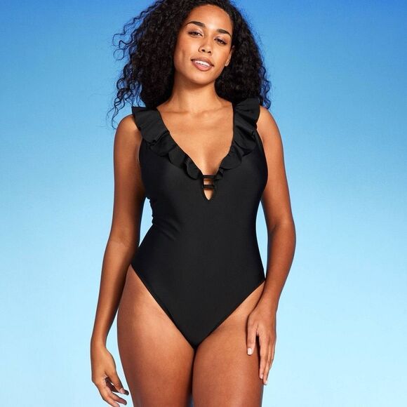 Women'sRuffle Plunge One Piece Swimsuit - Shade & Shore™ Black L: Cheeky Cut, Ad - Picture 1 of 3